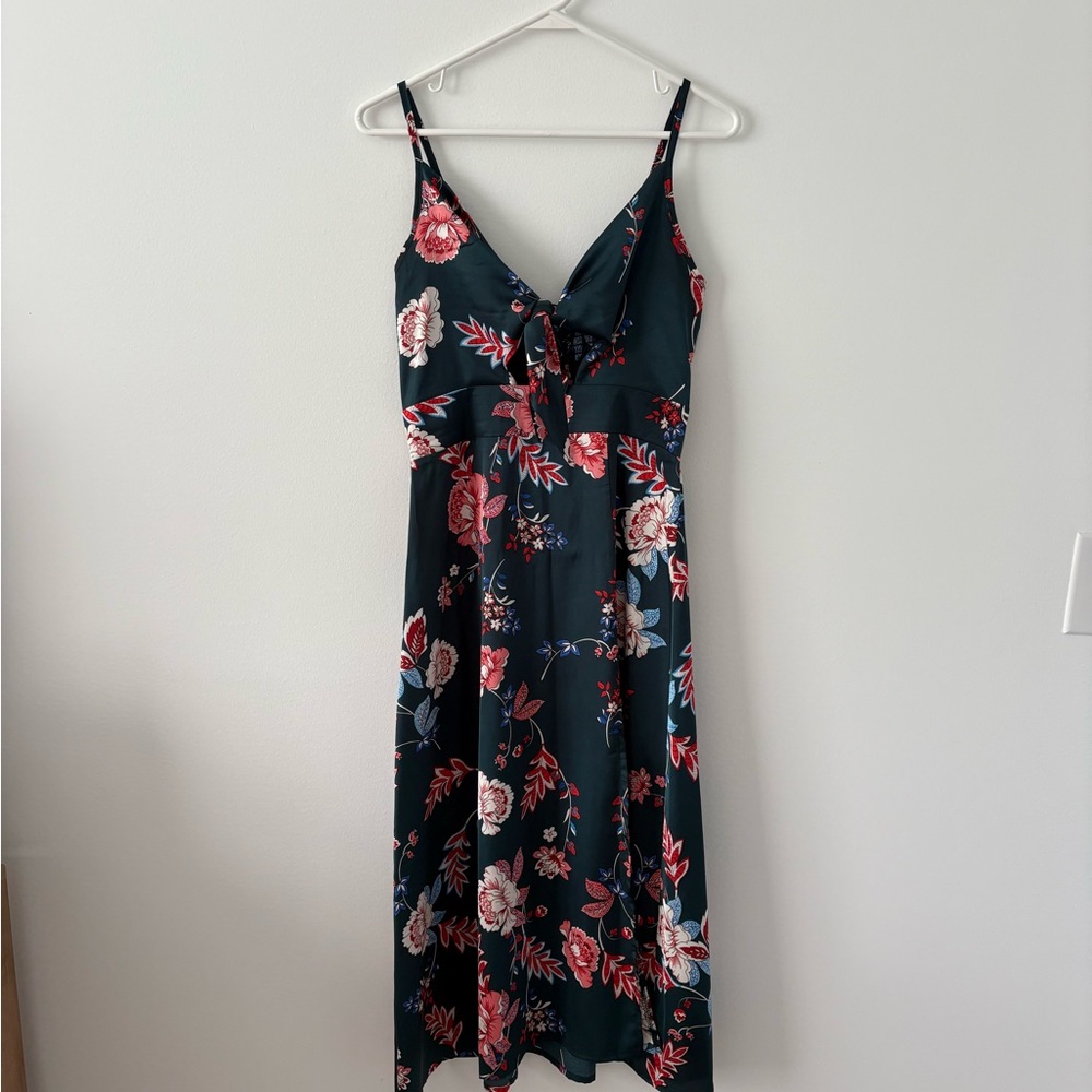 Fashionme Women Spaghetti Strap Midi Satin Dress with Tie Split Hollow Front